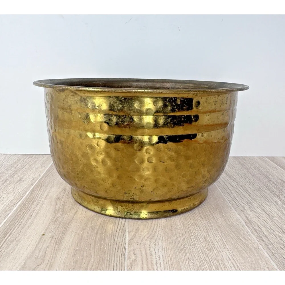Vintage Hammered Brass Planter Cachepot Bowl MCM Hollywood Regency Decor